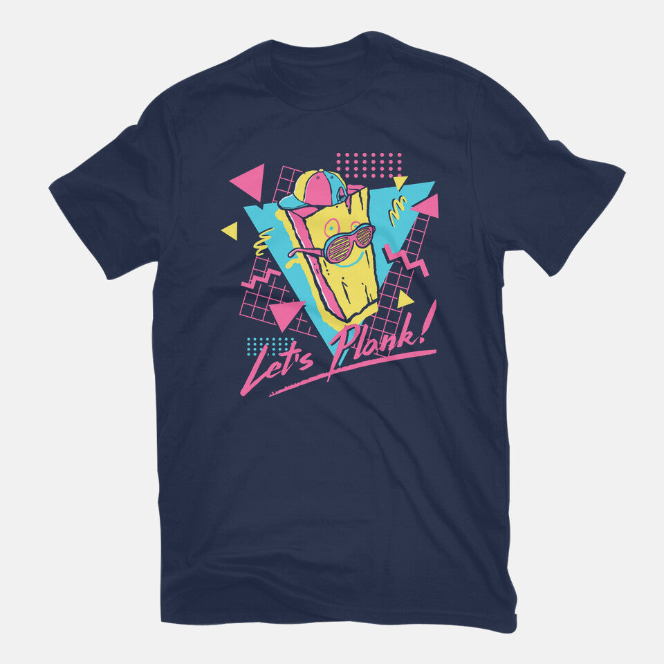 Let's Plank – Funny Graphic T-Shirt in navy, flat-lay product view