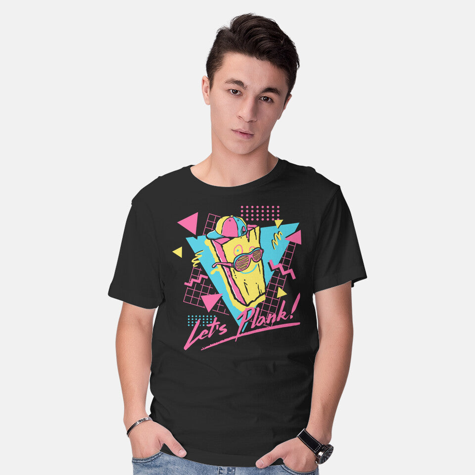 Model wearing black Let's Plank – Funny Graphic T-Shirt