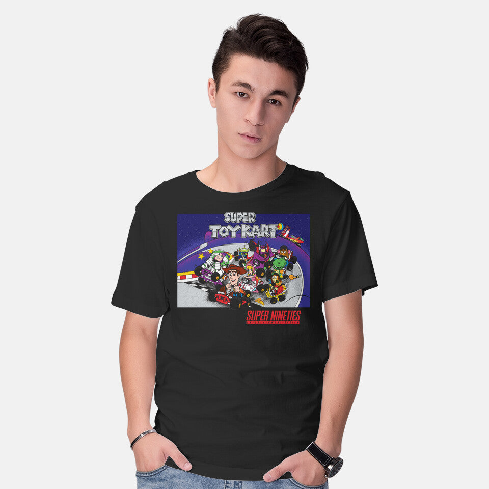 Model wearing black Super Toy Kart – Movie Graphic T-Shirt