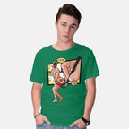 Model wearing green Cooperpole – Movie Graphic T-Shirt