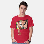 Model wearing red Cooperpole – Movie Graphic T-Shirt