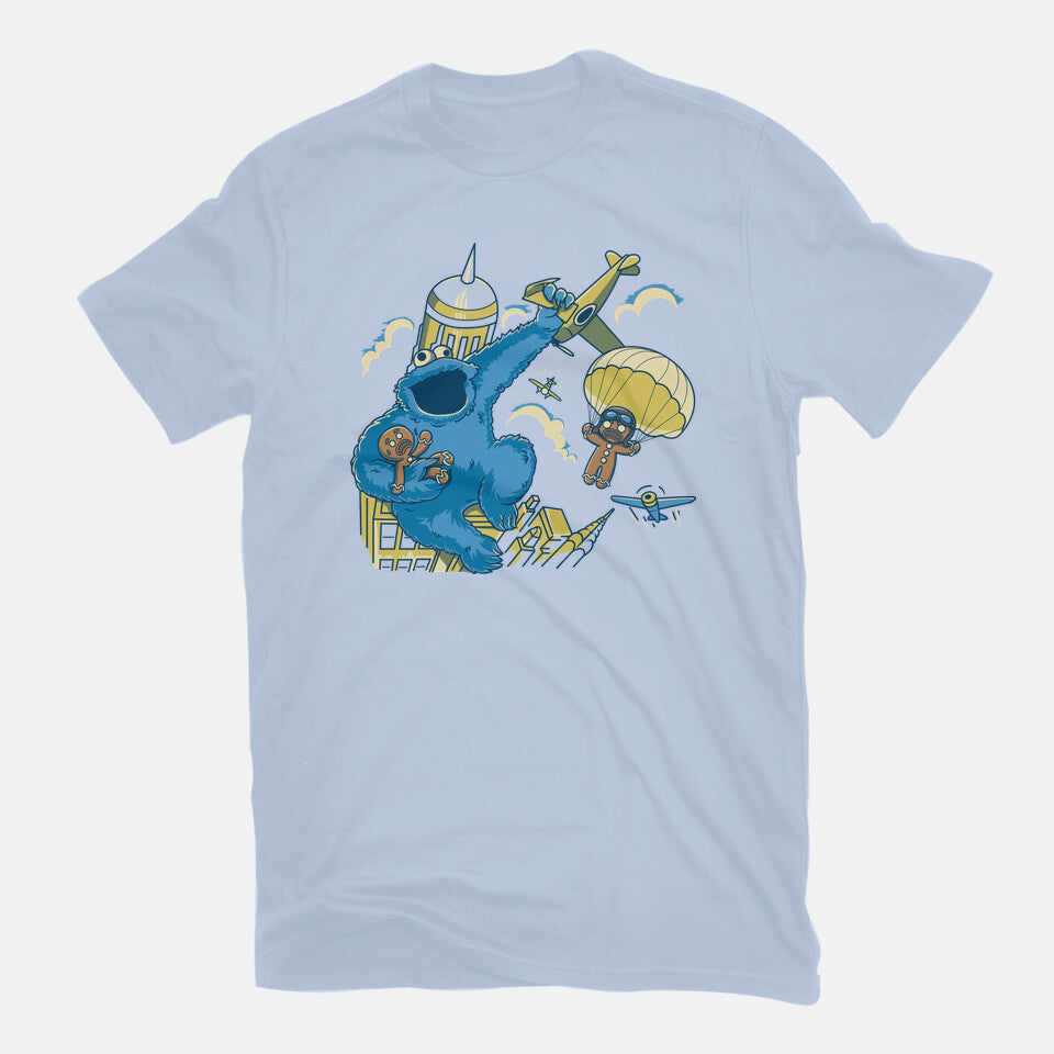 Cookie Kong – Funny Graphic T-Shirt in blue, flat-lay product view