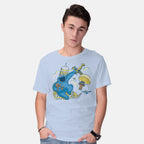 Model wearing blue Cookie Kong – Funny Graphic T-Shirt
