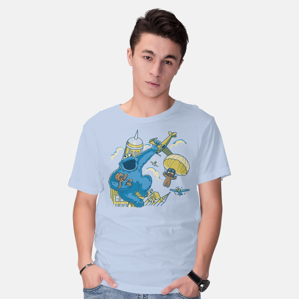 Model wearing blue Cookie Kong – Funny Graphic T-Shirt