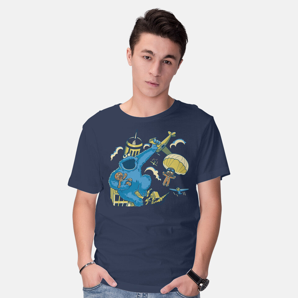 Model wearing navy Cookie Kong – Funny Graphic T-Shirt