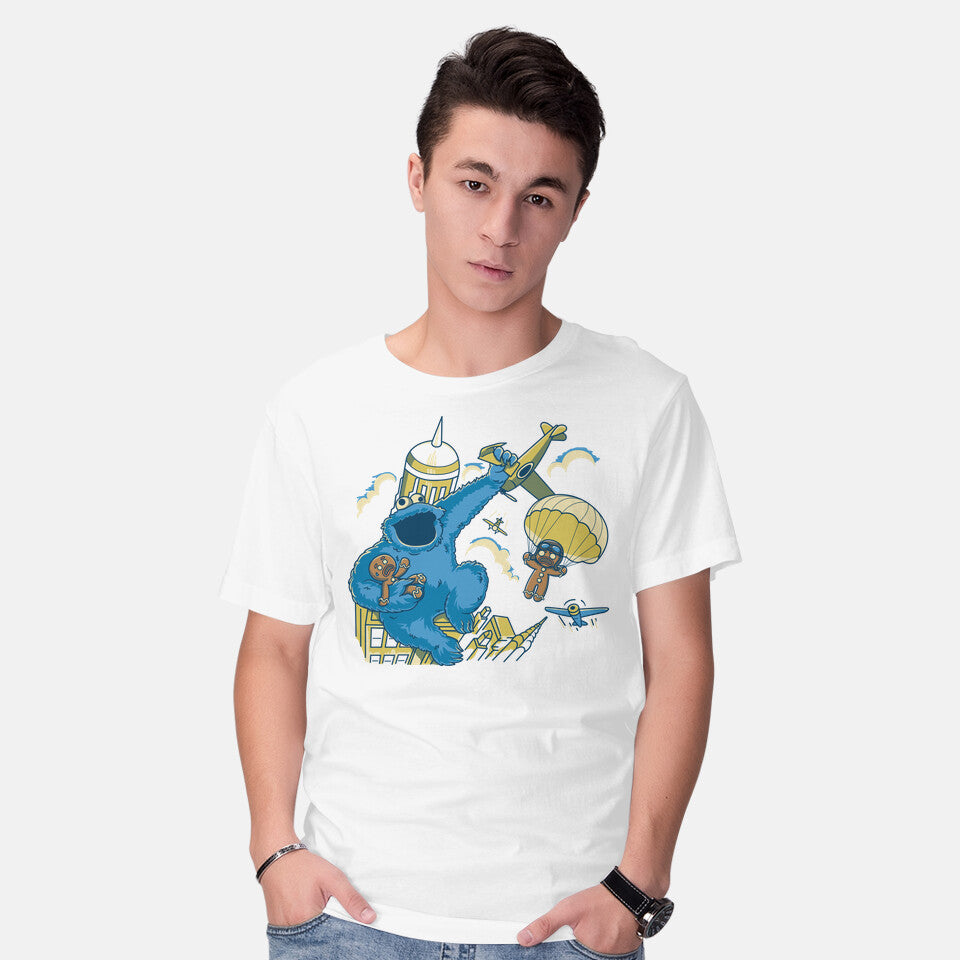 Model wearing white Cookie Kong – Funny Graphic T-Shirt