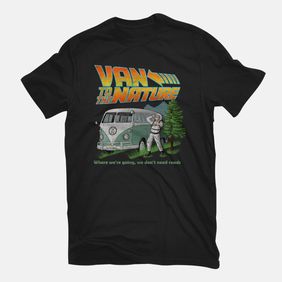 Van To The Nature – Sci-Fi Graphic T-Shirt in black, flat-lay product view