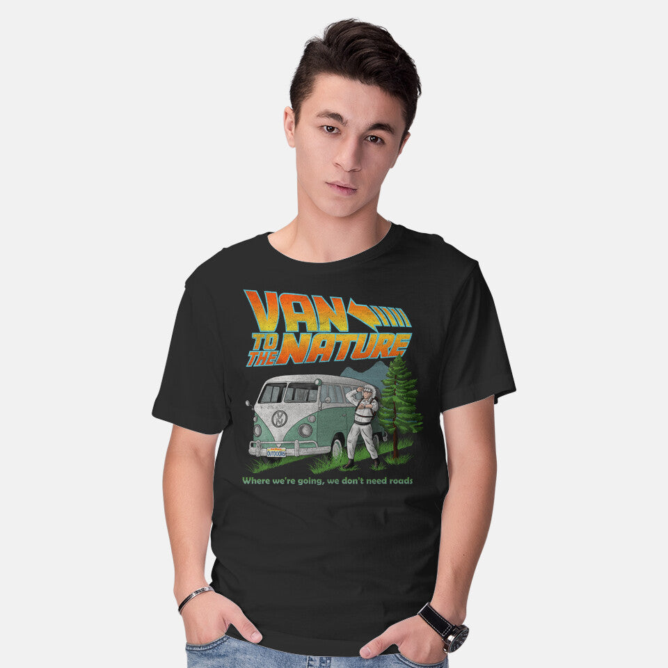 Model wearing black Van To The Nature – Sci-Fi Graphic T-Shirt