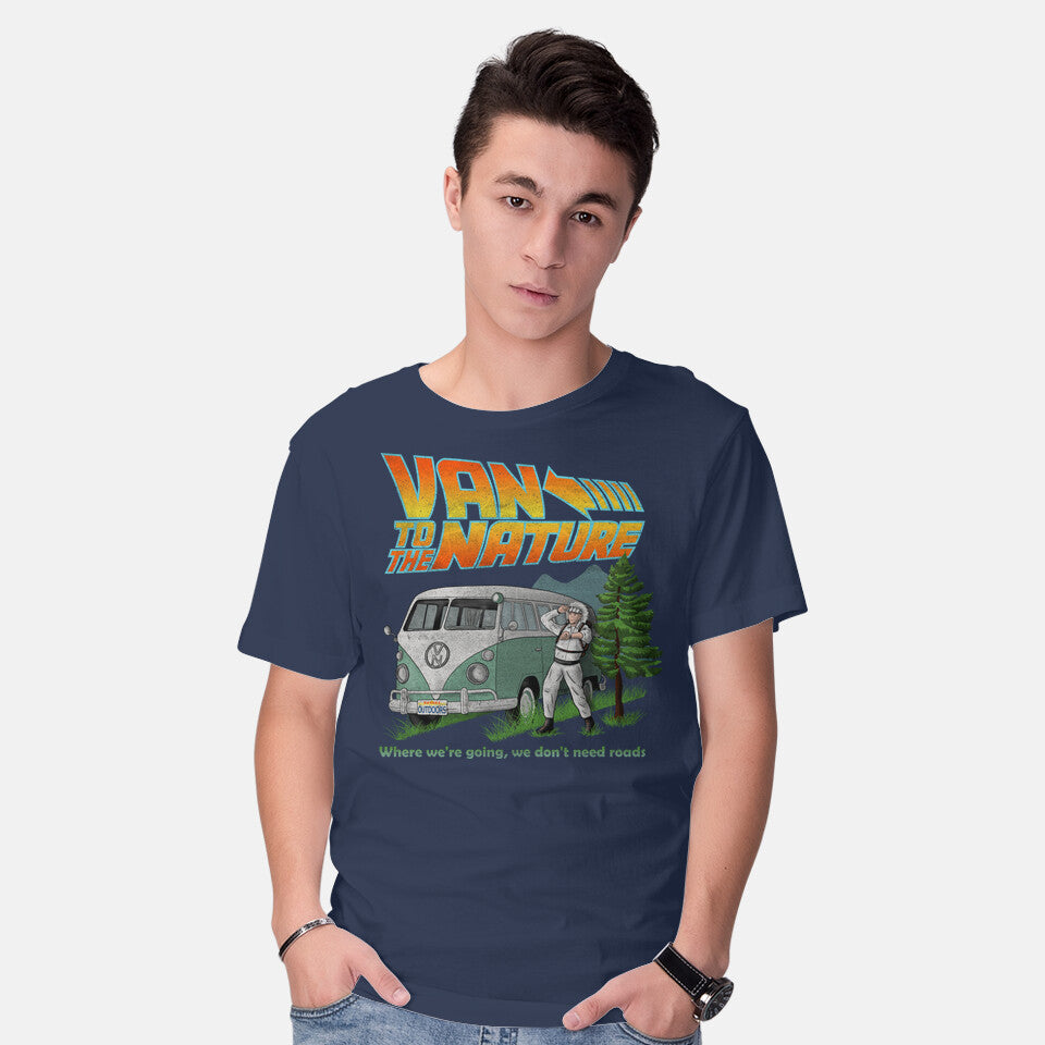 Model wearing navy Van To The Nature – Sci-Fi Graphic T-Shirt