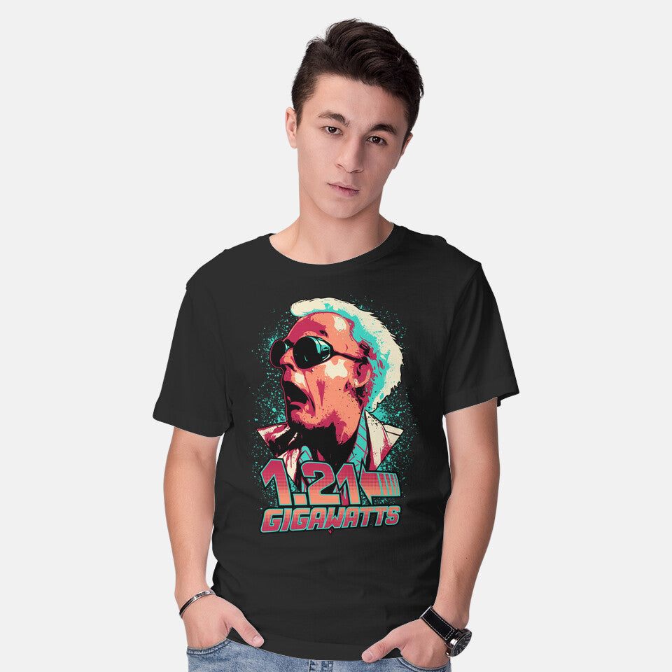 Model wearing black Gigawatts – Sci-Fi Graphic T-Shirt