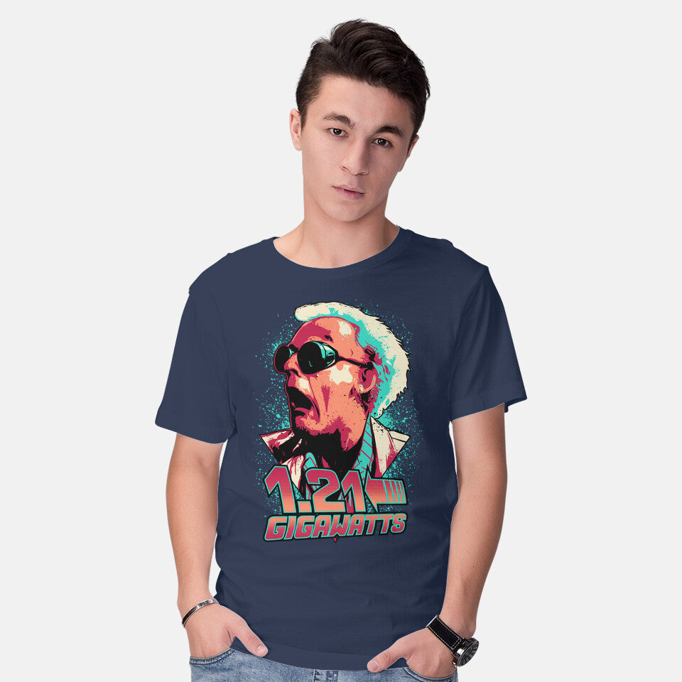 Model wearing navy Gigawatts – Sci-Fi Graphic T-Shirt