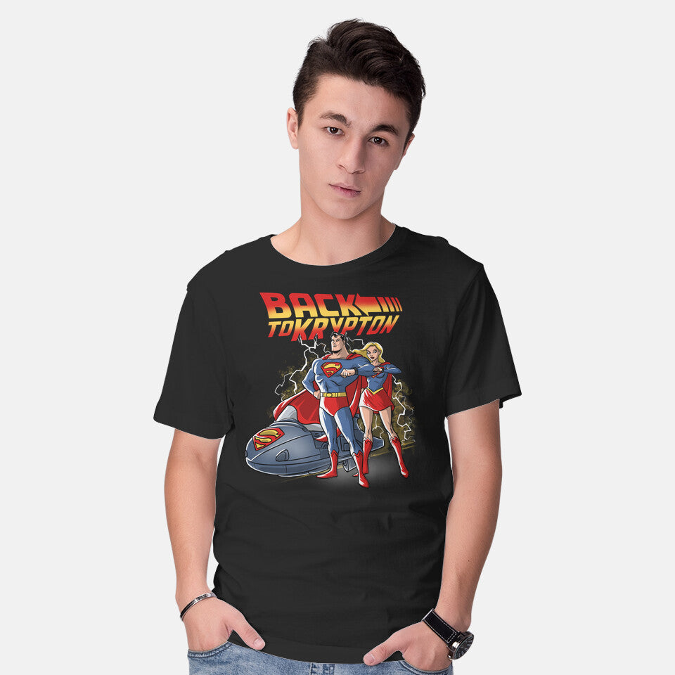 Model wearing black Back To Krypton – Movie Graphic T-Shirt