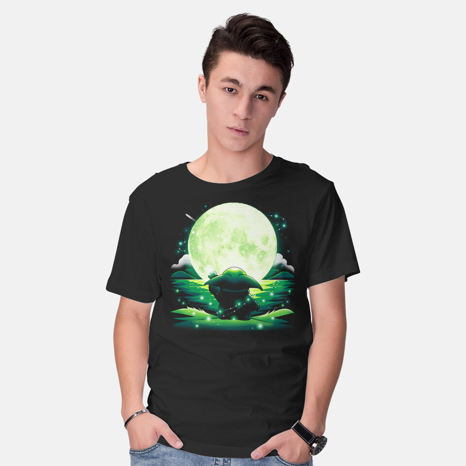 Model wearing black Baby Touch Moon – Sci-Fi Graphic T-Shirt
