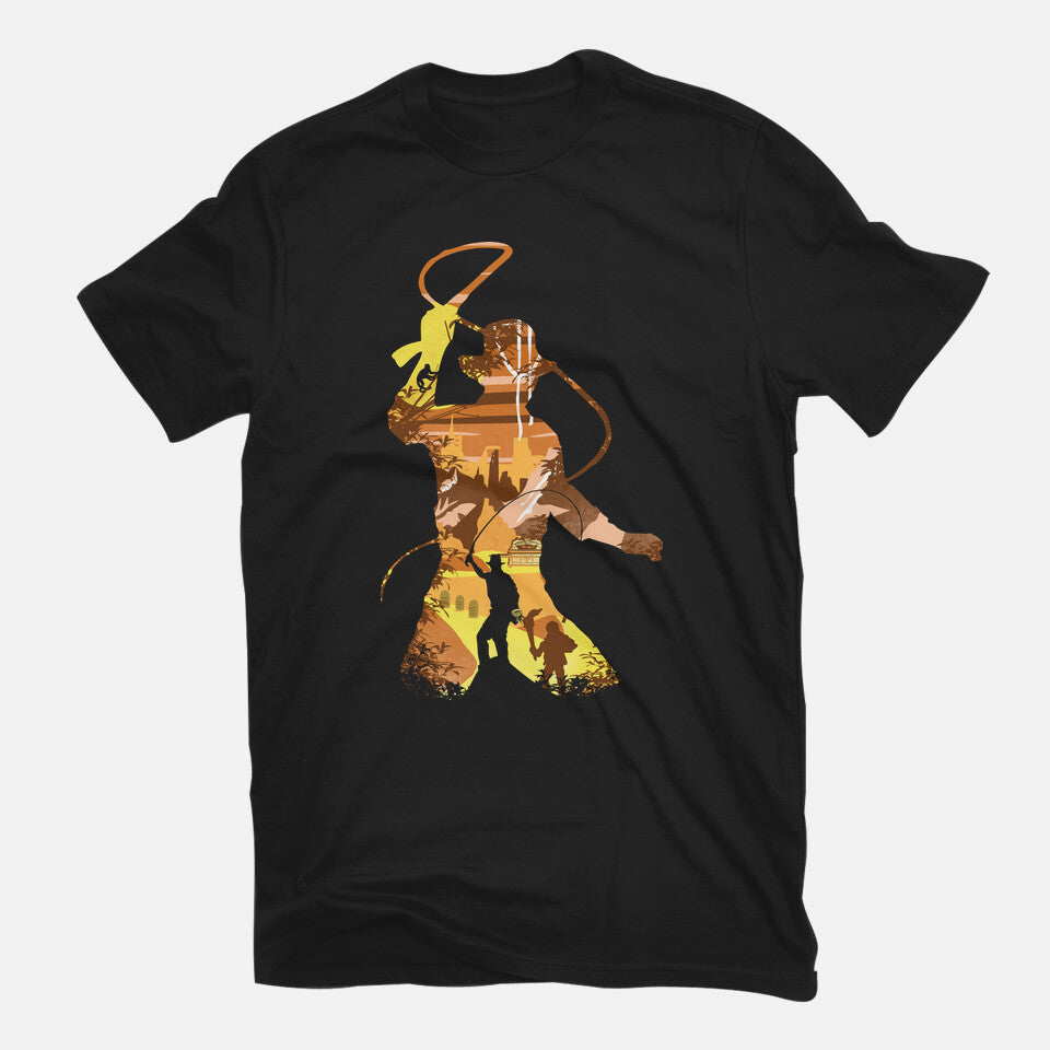 Antique Adventurer – Movie Graphic T-Shirt in black, flat-lay product view