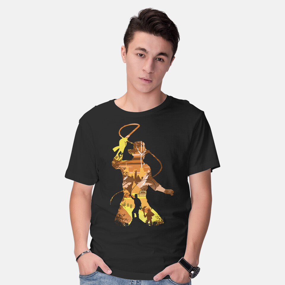 Model wearing black Antique Adventurer – Movie Graphic T-Shirt