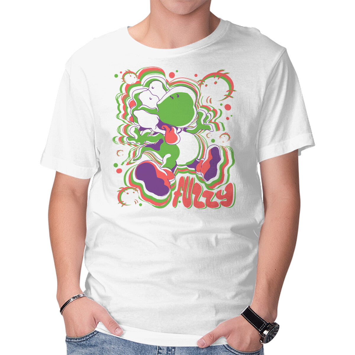 Fuzzy Dino – Gaming Graphic T-Shirt in white, product display