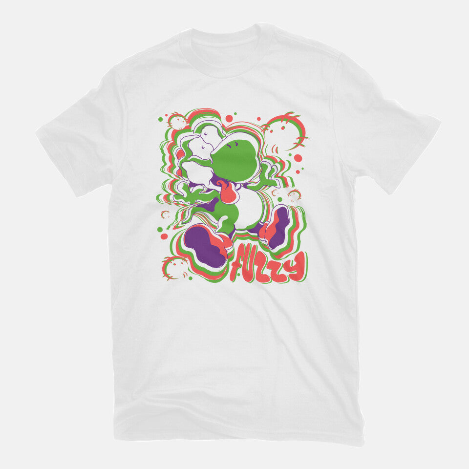 Fuzzy Dino – Gaming Graphic T-Shirt in white, flat-lay product view