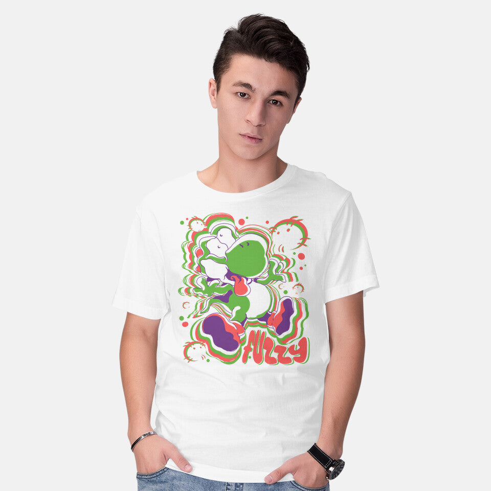 Model wearing white Fuzzy Dino – Gaming Graphic T-Shirt