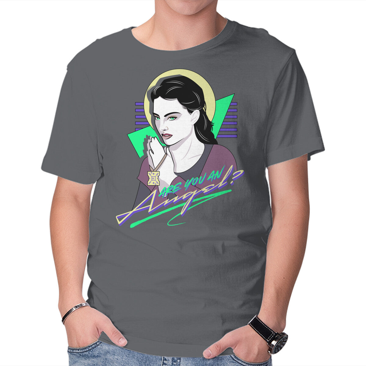 Are You An Angel – Sci-Fi Graphic T-Shirt in charcoal, product display