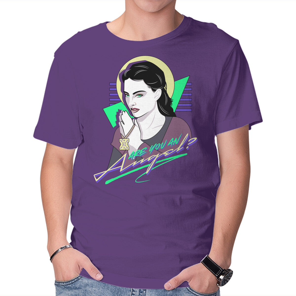 Are You An Angel – Sci-Fi Graphic T-Shirt in purple, product display