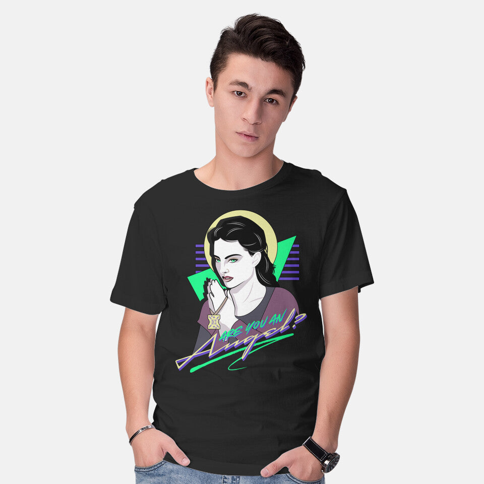 Model wearing black Are You An Angel – Sci-Fi Graphic T-Shirt