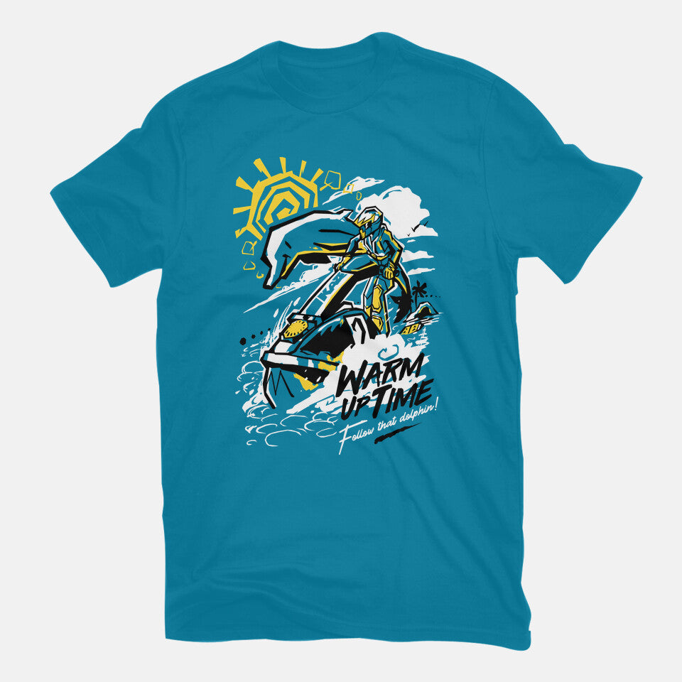 Warm Up Time – Gaming Graphic T-Shirt in turquoise, flat-lay product view