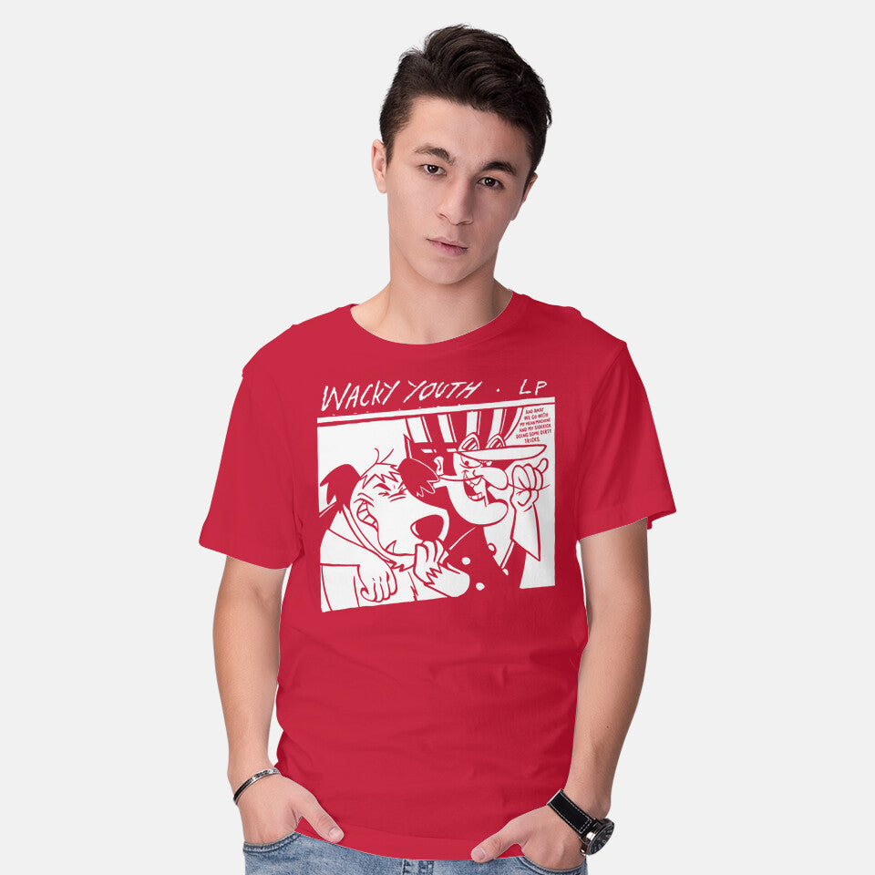 Model wearing red Wacky Youth – Music Graphic T-Shirt