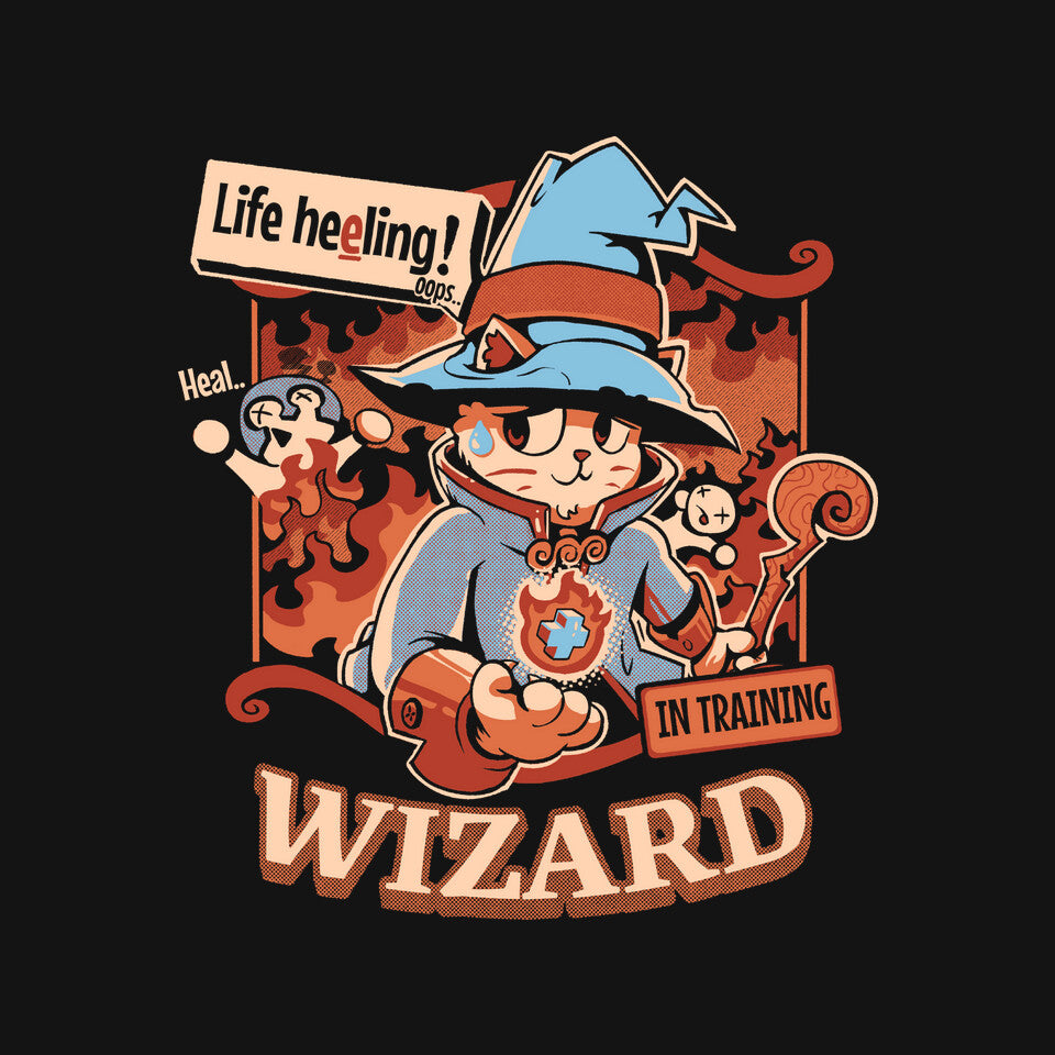 Wizard Still In Training – Cat Graphic T-Shirt design artwork for black graphic T-shirt