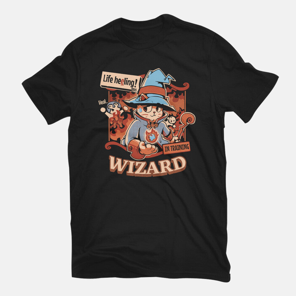 Wizard Still In Training – Cat Graphic T-Shirt in black, flat-lay product view