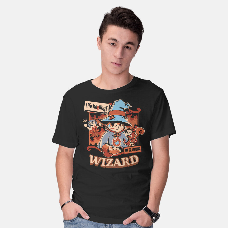 Model wearing black Wizard Still In Training – Cat Graphic T-Shirt