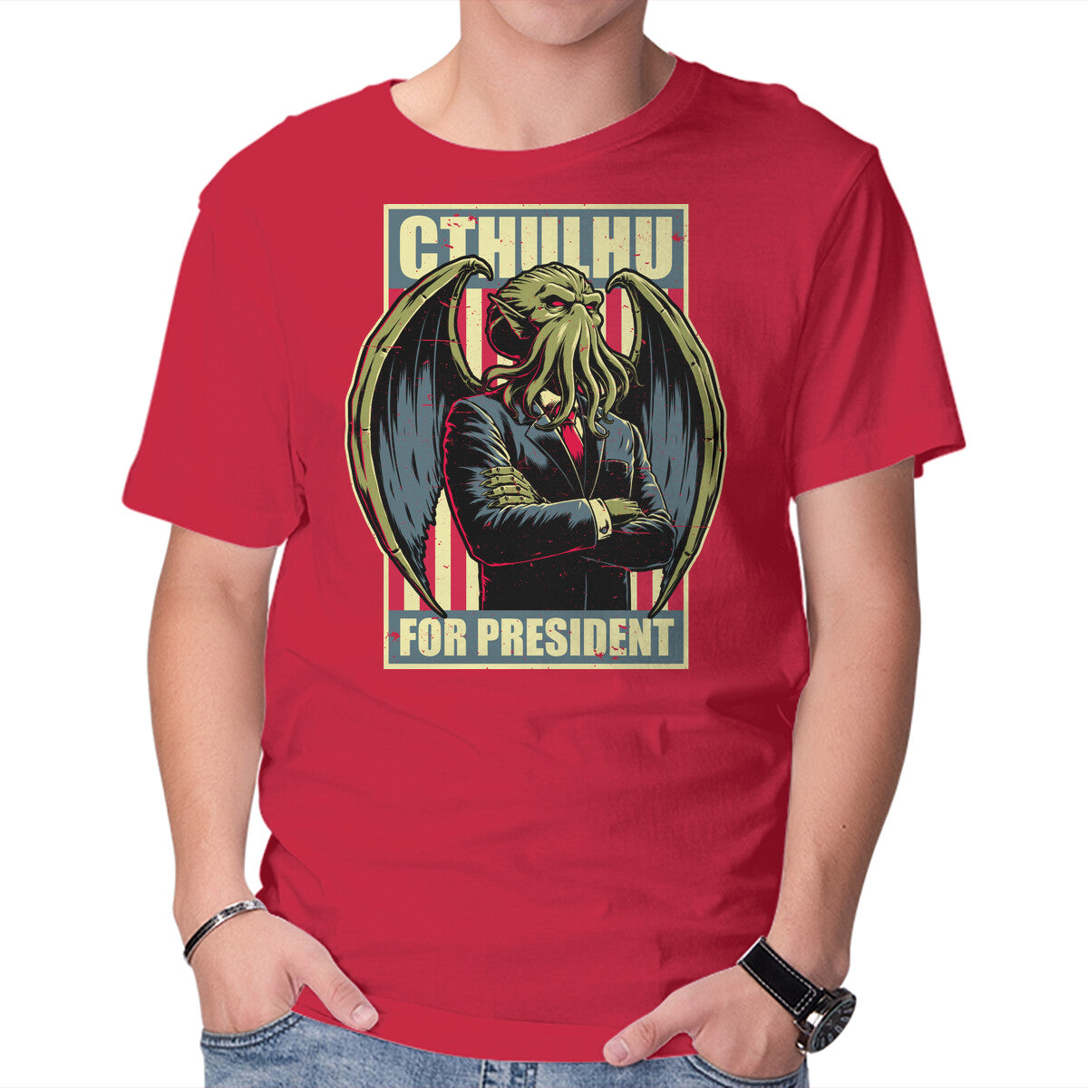 Cthulhu For President – Horror Graphic T-Shirt in red, product display
