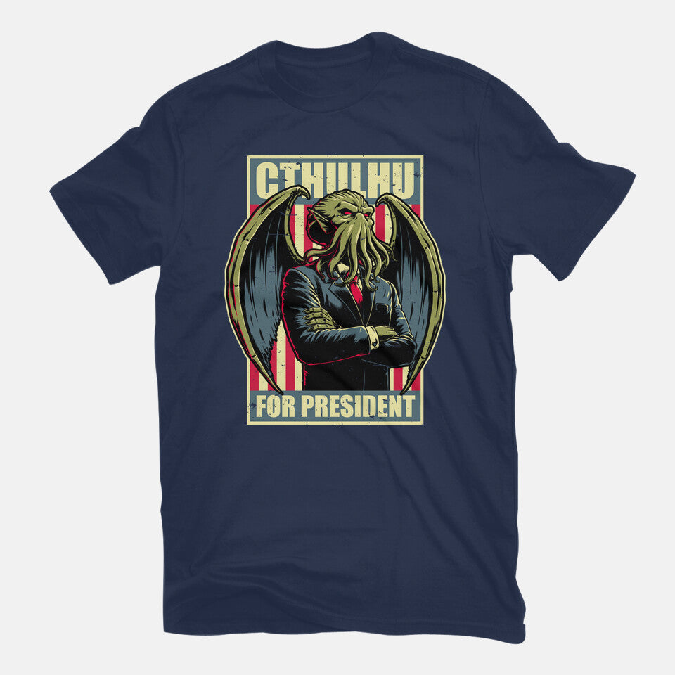 Cthulhu For President – Horror Graphic T-Shirt in navy, flat-lay product view
