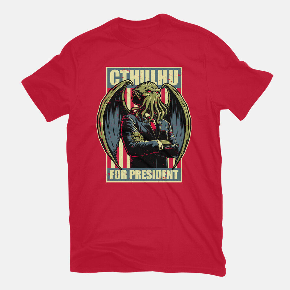 Cthulhu For President – Horror Graphic T-Shirt in red, flat-lay product view