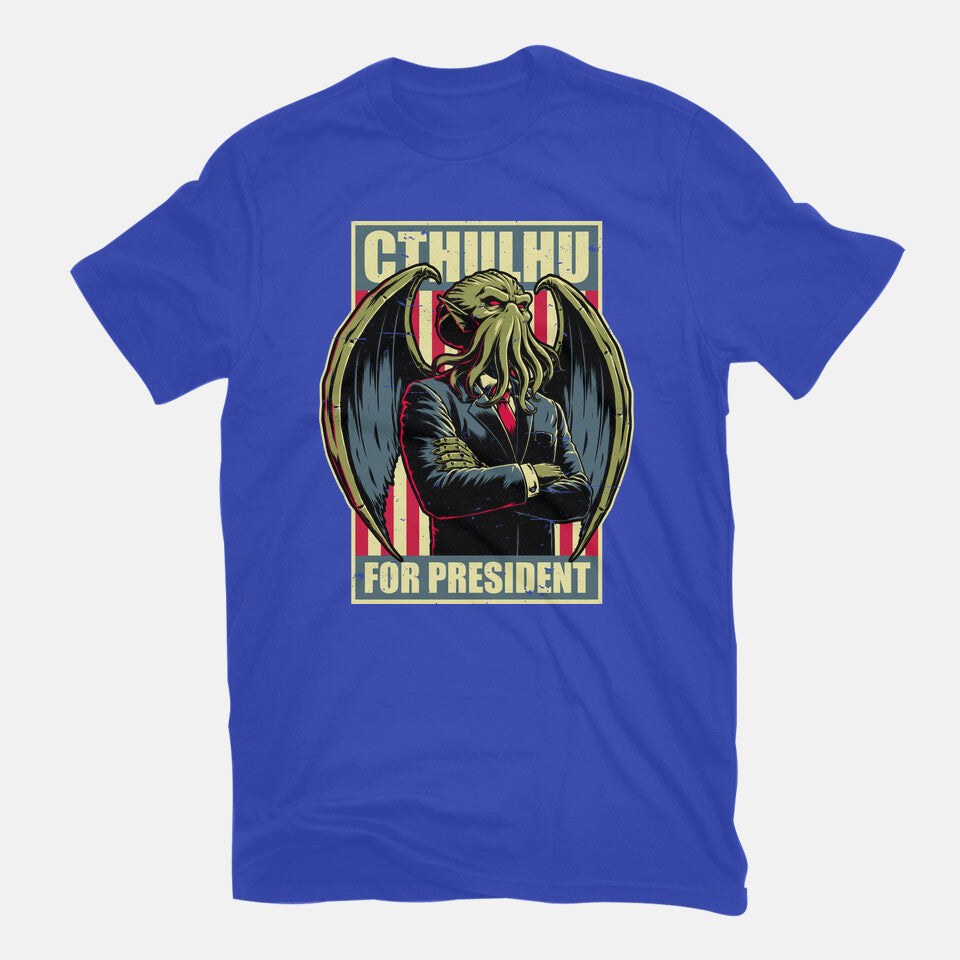 Cthulhu For President – Horror Graphic T-Shirt in royal blue, flat-lay product view