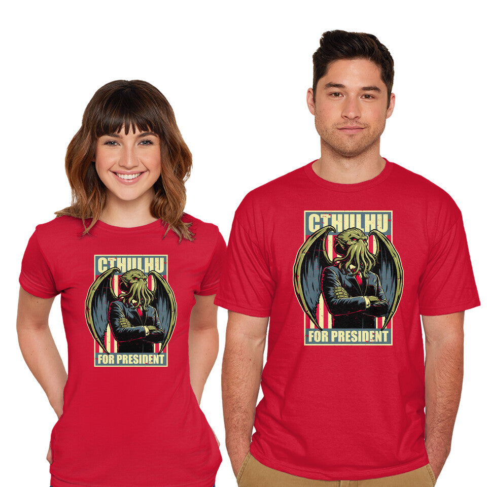 Model wearing red Cthulhu For President – Horror Graphic T-Shirt