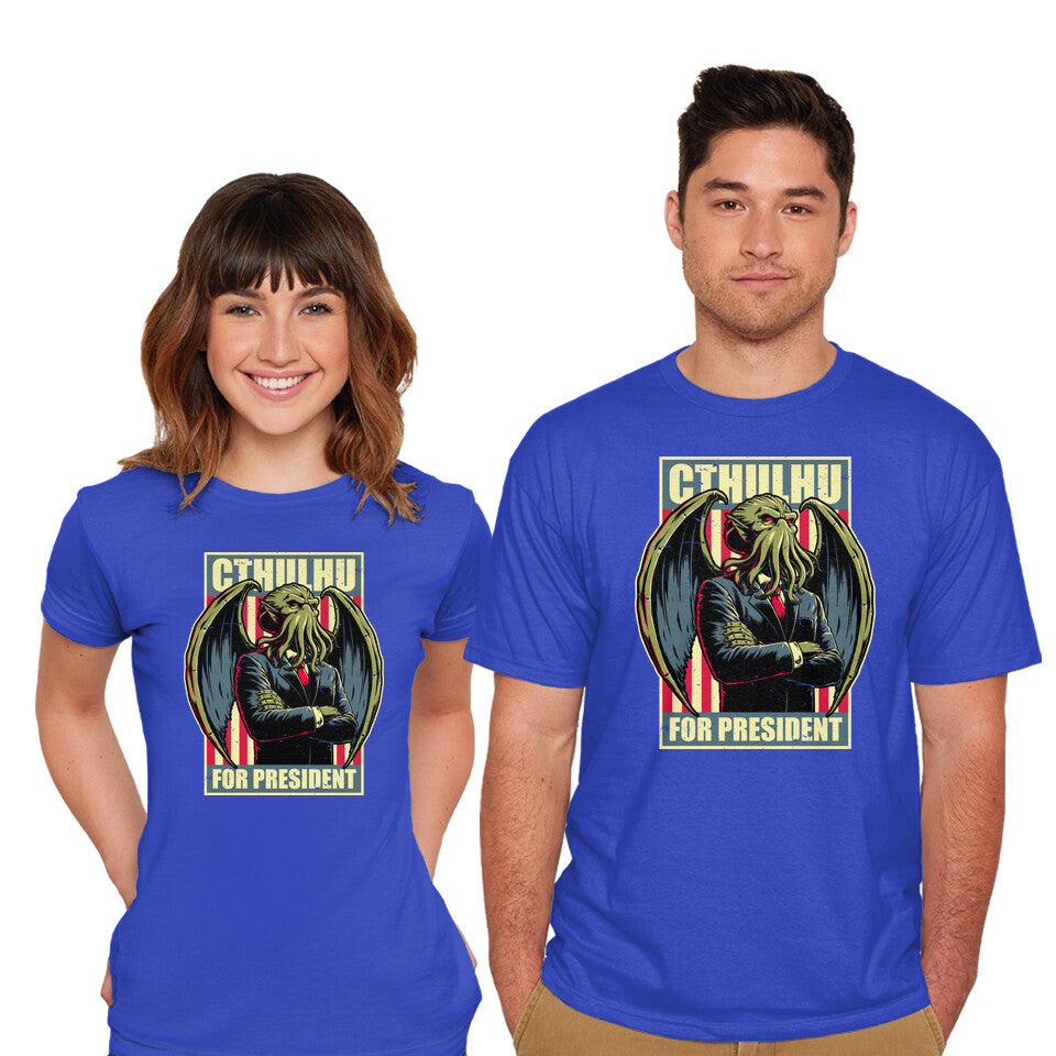 Model wearing royal blue Cthulhu For President – Horror Graphic T-Shirt