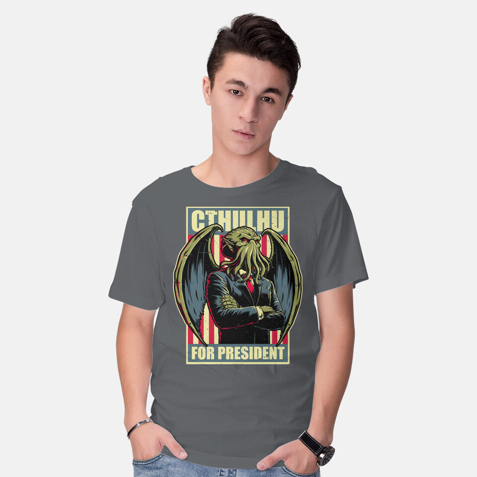 Model wearing charcoal Cthulhu For President – Horror Graphic T-Shirt