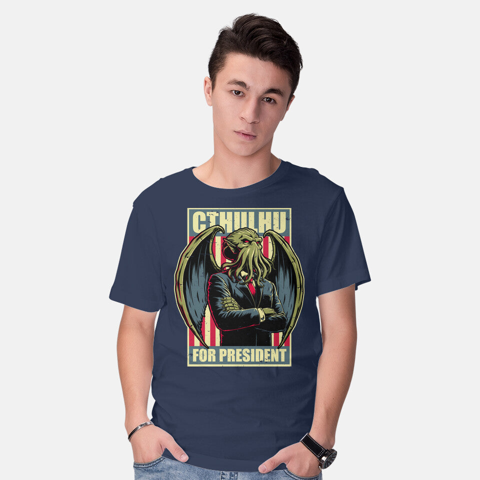 Model wearing navy Cthulhu For President – Horror Graphic T-Shirt