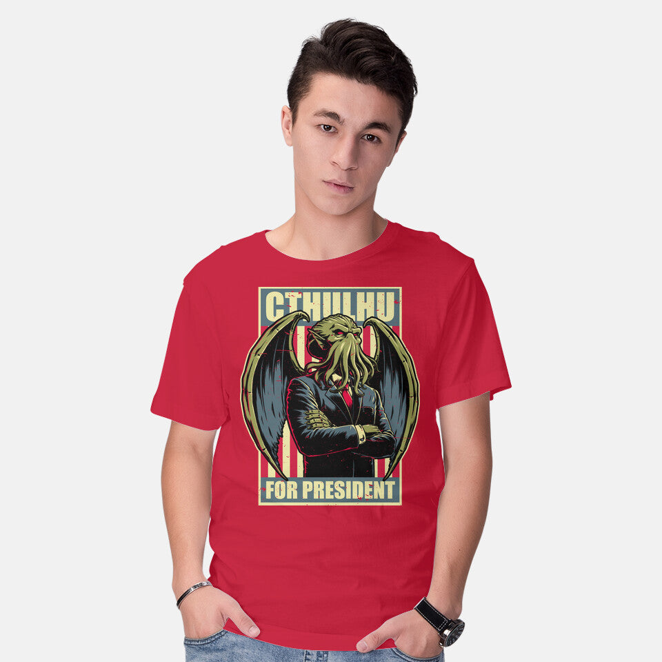 Model wearing red Cthulhu For President – Horror Graphic T-Shirt