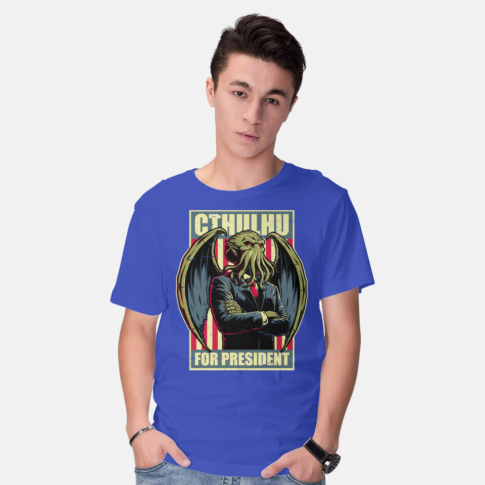Model wearing royal blue Cthulhu For President – Horror Graphic T-Shirt