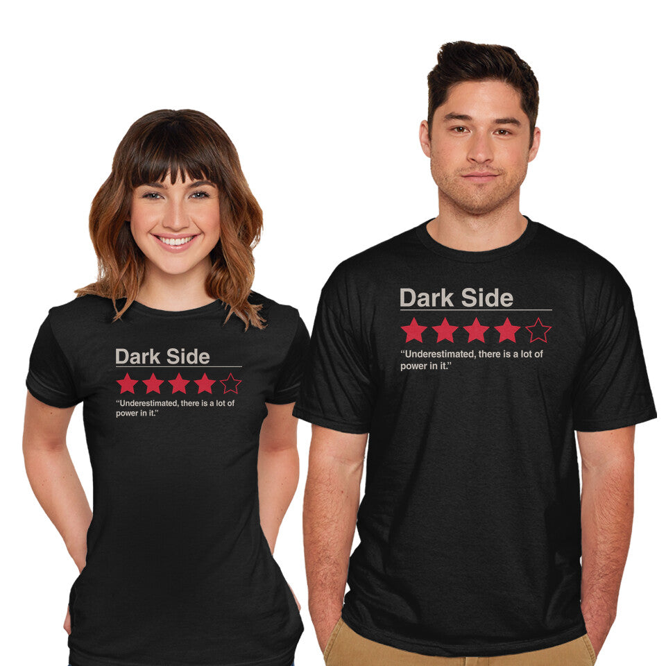 Model wearing black Dark Side Review – Sci-Fi Graphic T-Shirt