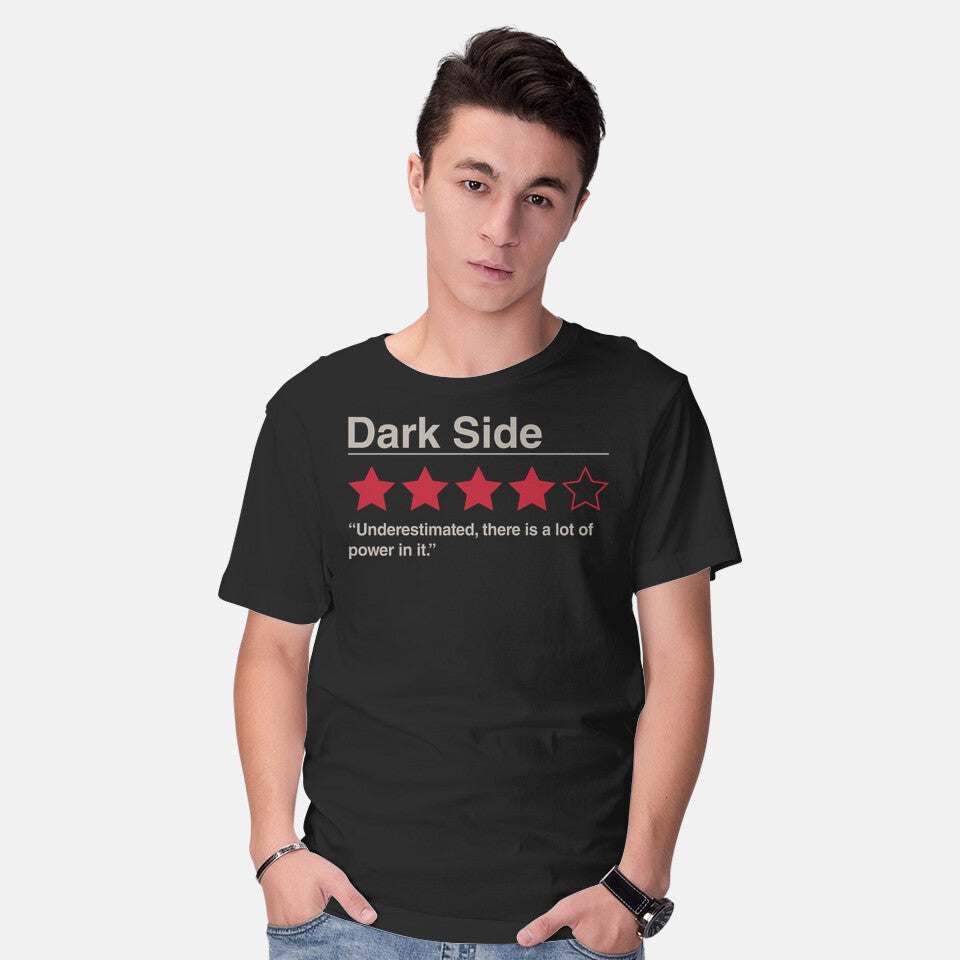 Model wearing black Dark Side Review – Sci-Fi Graphic T-Shirt