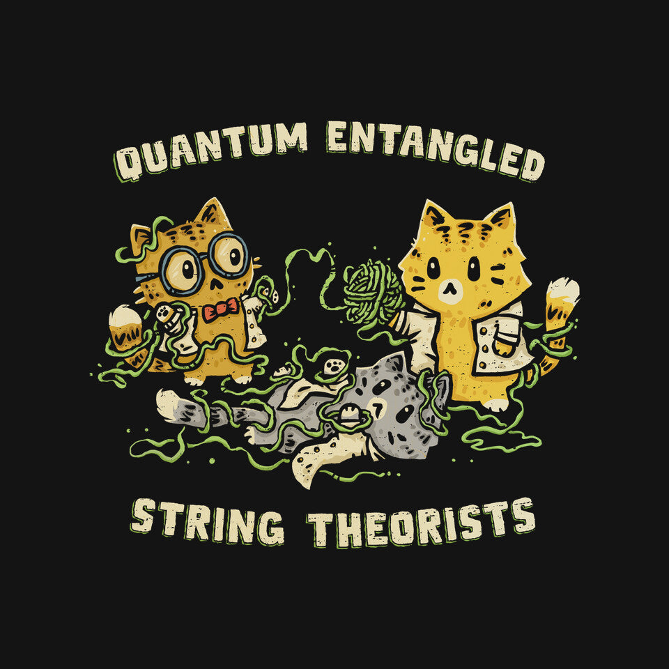 Quantum Entangled String Theorists – Cat Graphic T-Shirt design artwork for black graphic T-shirt