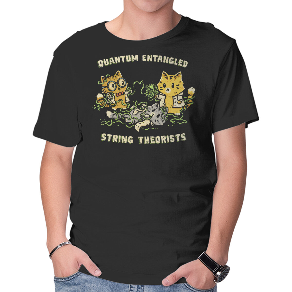 Quantum Entangled String Theorists – Cat Graphic T-Shirt in black, product display