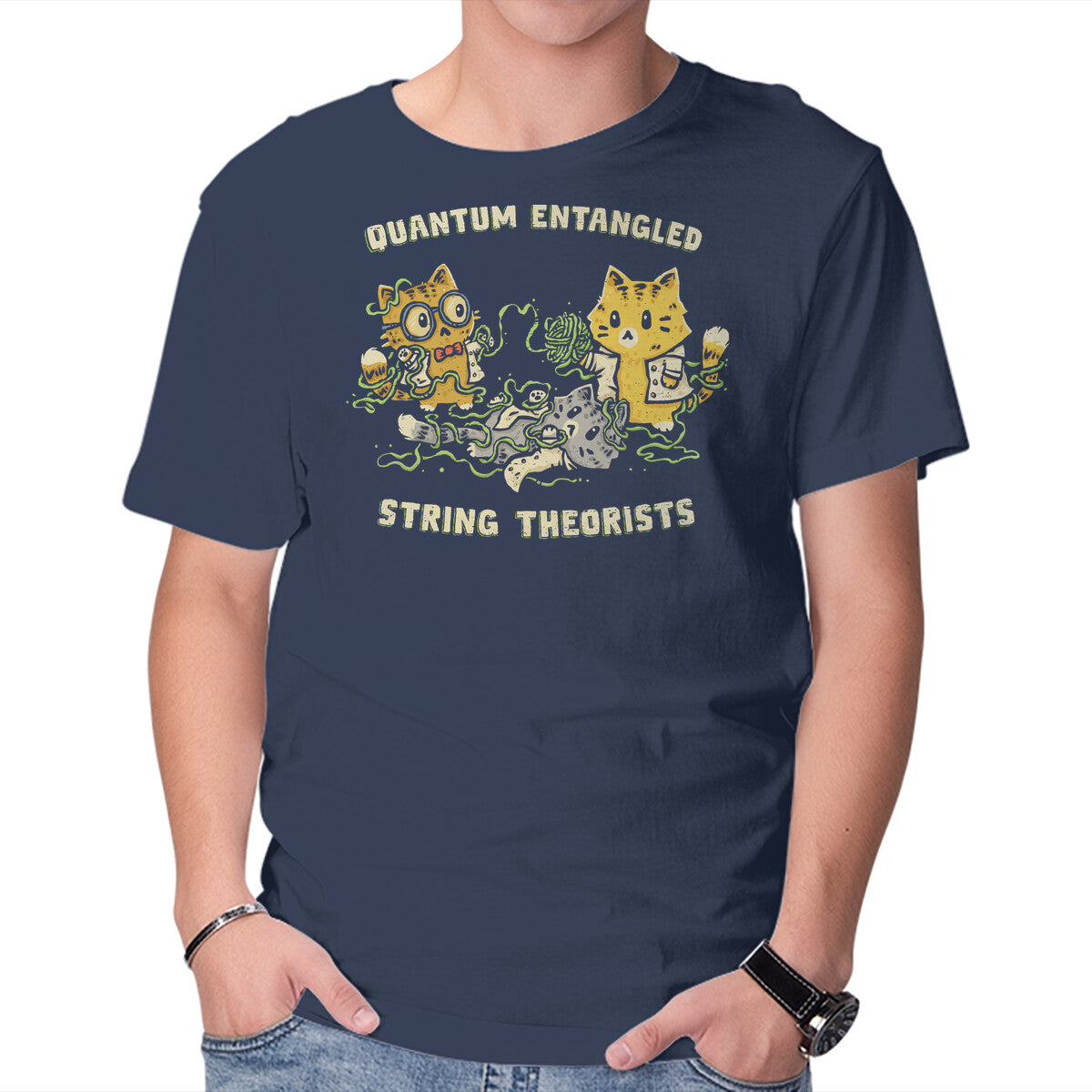 Quantum Entangled String Theorists – Cat Graphic T-Shirt in navy, product display