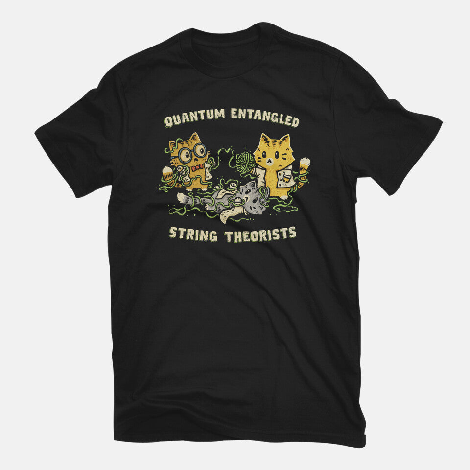 Quantum Entangled String Theorists – Cat Graphic T-Shirt in black, flat-lay product view