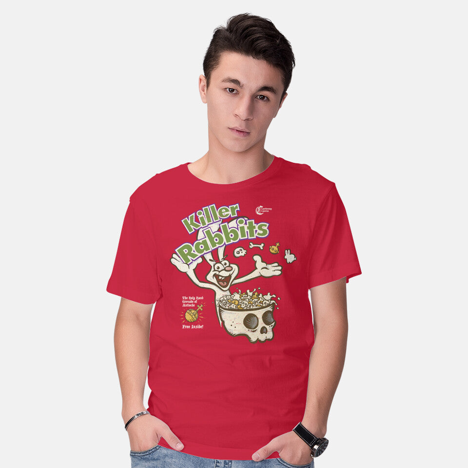Model wearing red Silly Rabbit – Movie Graphic T-Shirt