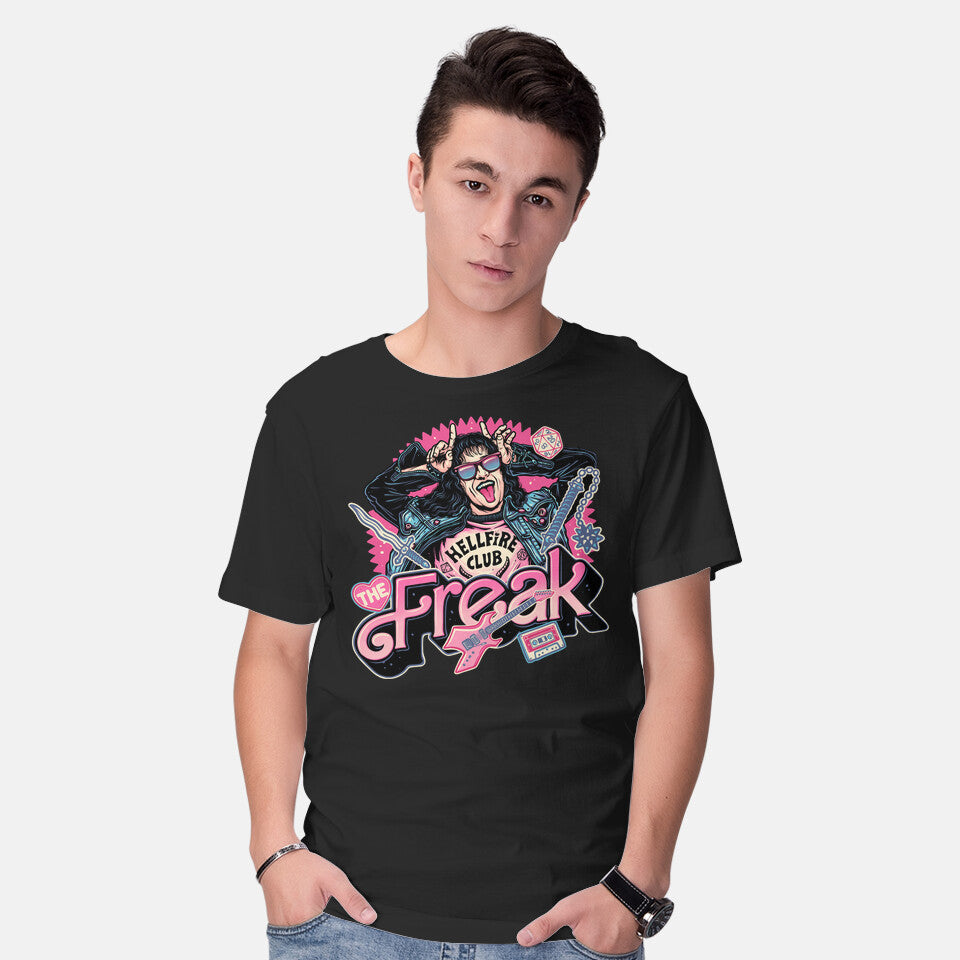 Model wearing black The Freak – Horror Graphic T-Shirt
