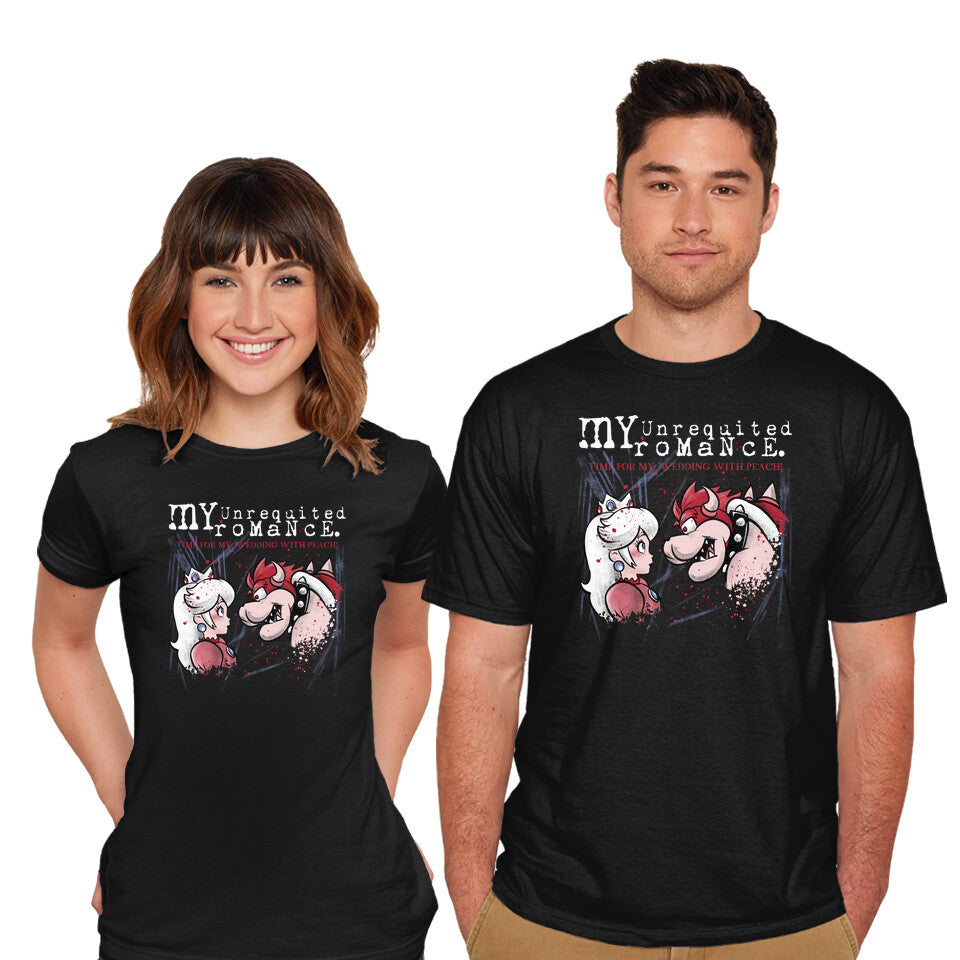 Model wearing black My Unrequited Romance – Gaming Graphic T-Shirt