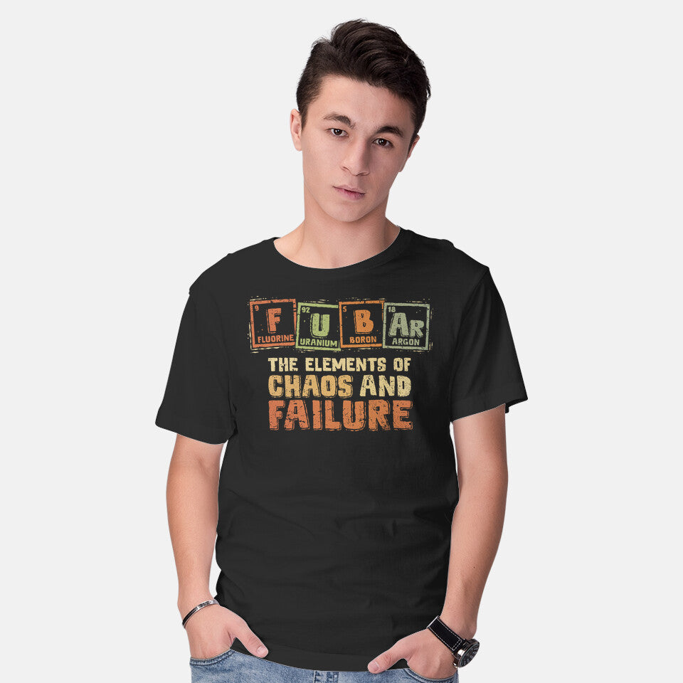 Model wearing black The Elements Of Chaos And Failure Graphic T-Shirt